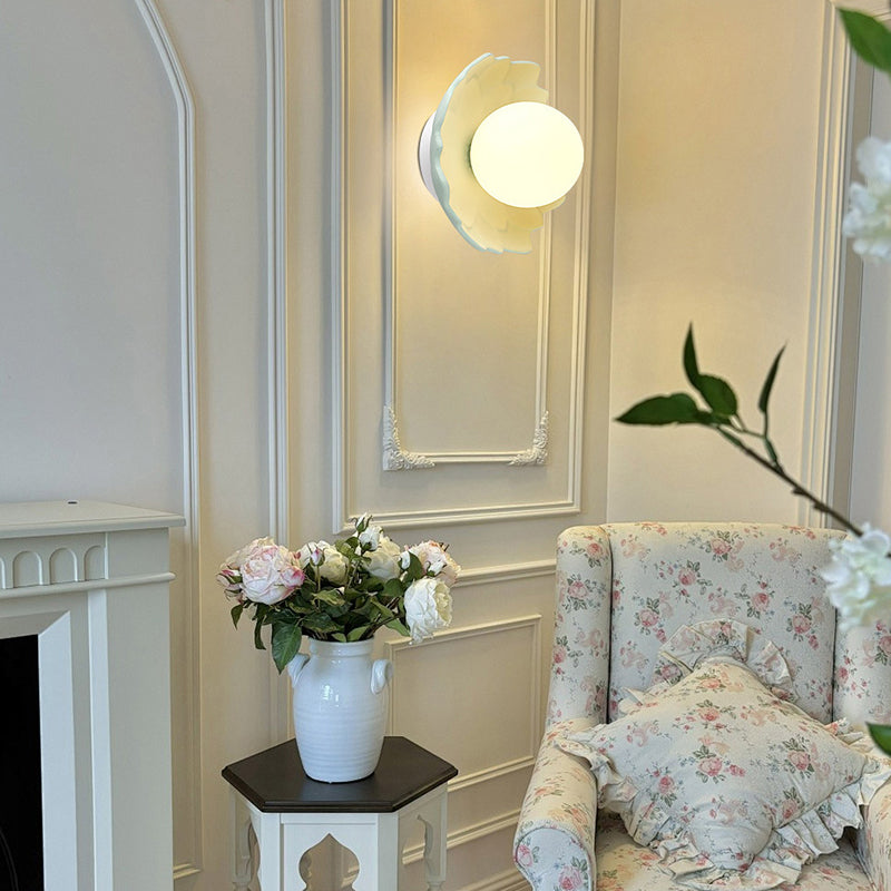 Traditional French Resin Flower PE Ball Shade 1-Light Semi-Flush Mount Ceiling Light For Living Room