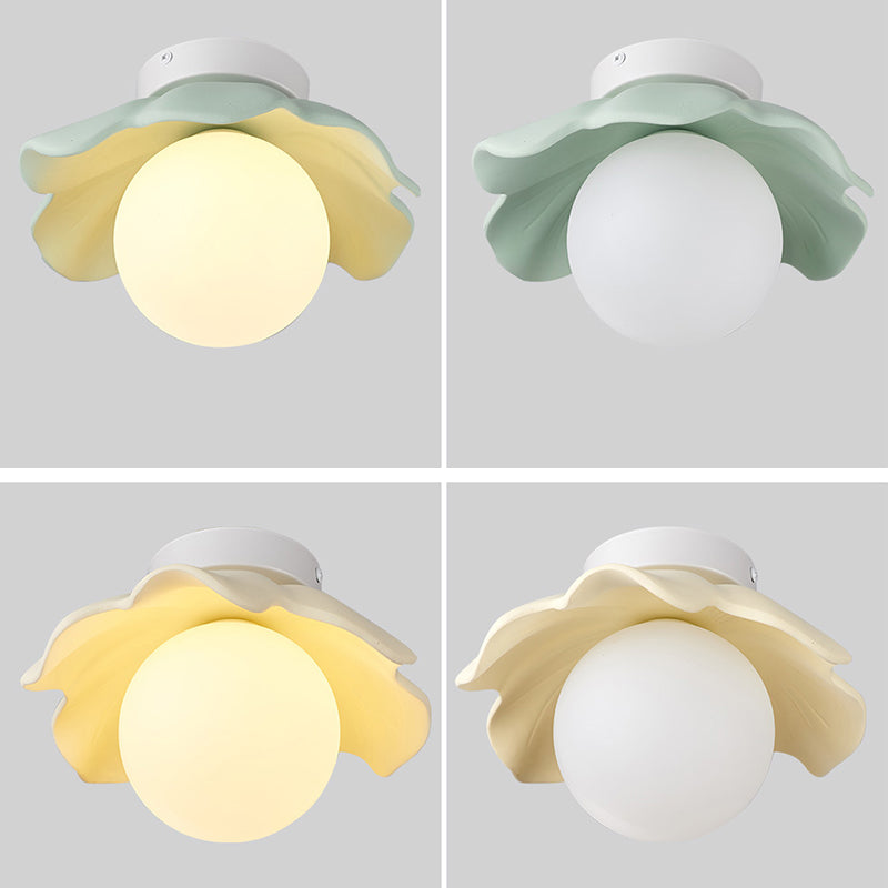 Traditional French Resin Flower PE Ball Shade 1-Light Semi-Flush Mount Ceiling Light For Living Room