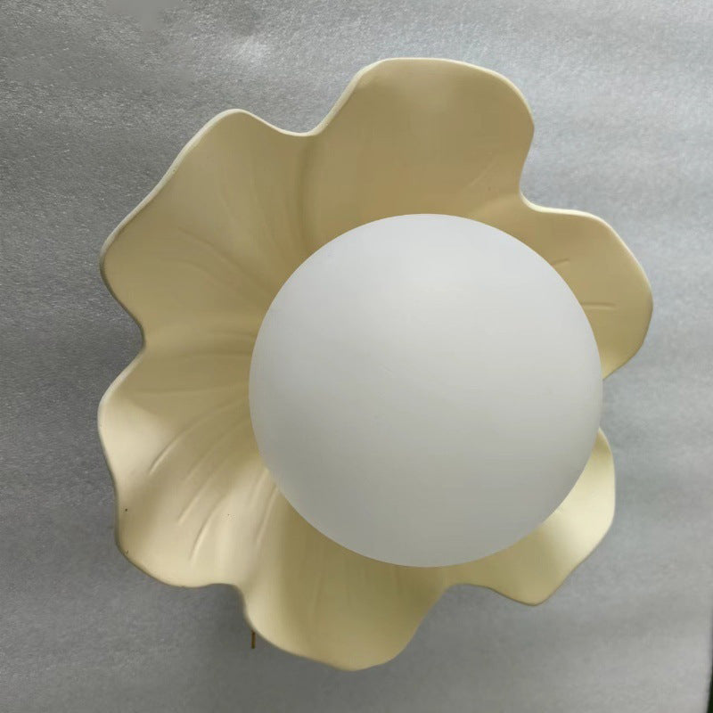 Traditional French Resin Flower PE Ball Shade 1-Light Semi-Flush Mount Ceiling Light For Living Room