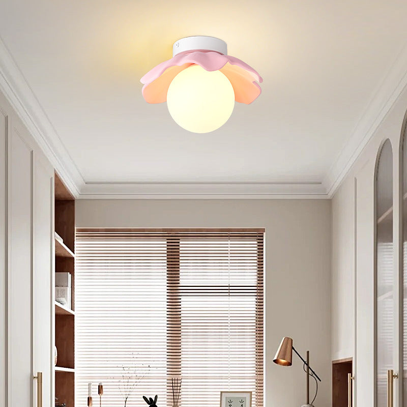 Traditional French Resin Flower PE Ball Shade 1-Light Semi-Flush Mount Ceiling Light For Living Room