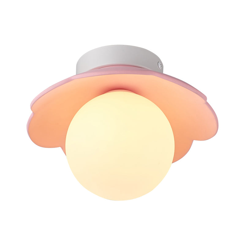 Traditional French Resin Flower PE Ball Shade 1-Light Semi-Flush Mount Ceiling Light For Living Room