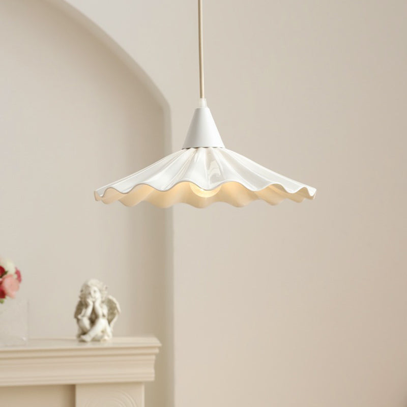 Traditional French Iron Ceramic Pleated Umbrella Shade 1-Light Pendant Light For Living Room