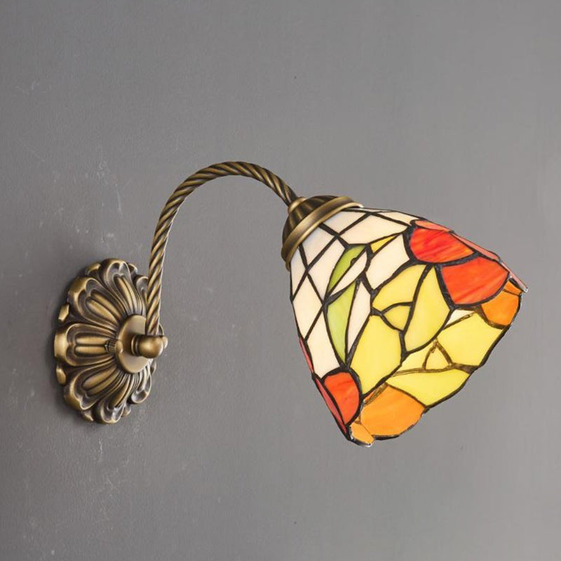 Traditional Tiffany Floral Pattern Stained Glass Round Shade 1-Light Wall Sconce Lamp For Dining Room