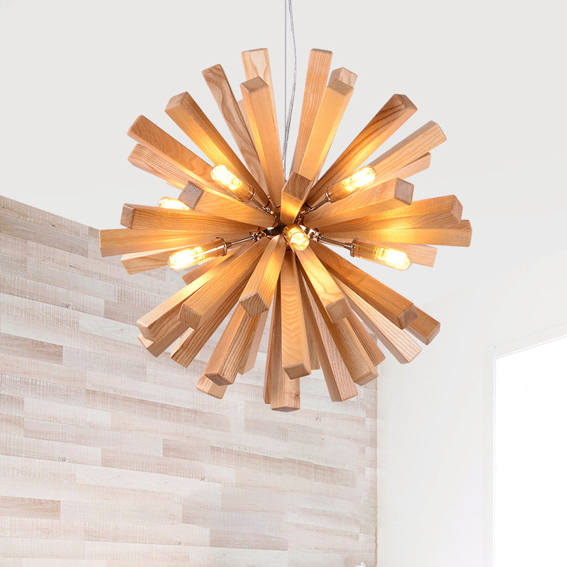 Contemporary Creative Dandelion Solid Wood Strip 10-Light Pendant Light For Living Room