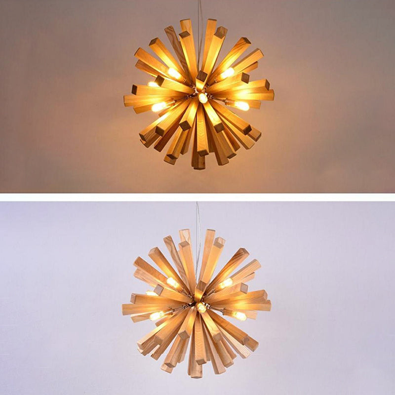 Contemporary Creative Dandelion Solid Wood Strip 10-Light Pendant Light For Living Room