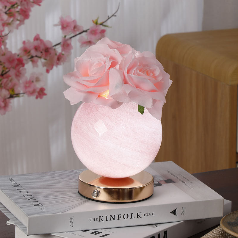 Modern Art Deco Simulated Rose Flower Glass Planet Shade USB Rechargeable LED Table Lamp Night Light For Bedroom