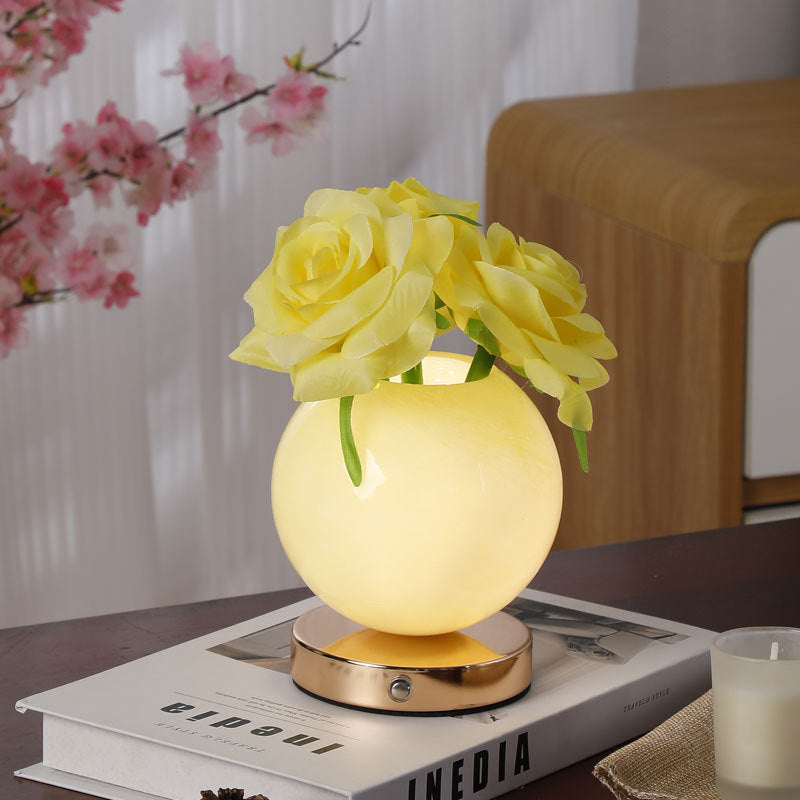 Modern Art Deco Simulated Rose Flower Glass Planet Shade USB Rechargeable LED Table Lamp Night Light For Bedroom