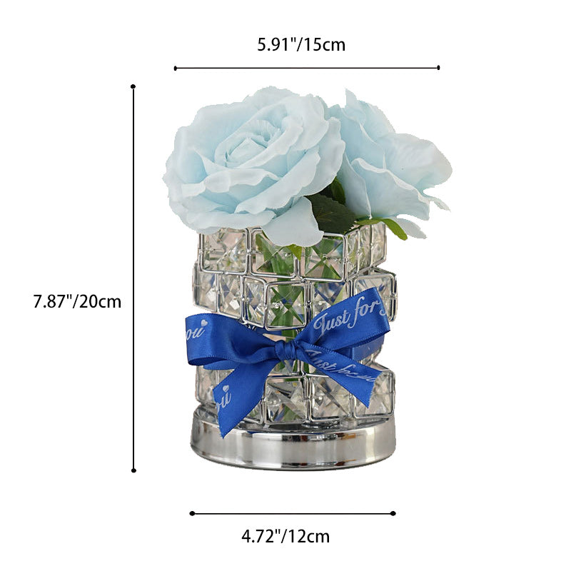 Modern Art Deco Simulated Fabric Rose Flower Crystal Square Hardware USB Rechargeable LED Table Lamp Night Light For Bedroom