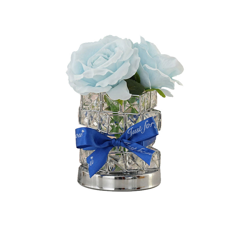 Modern Art Deco Simulated Fabric Rose Flower Crystal Square Hardware USB Rechargeable LED Table Lamp Night Light For Bedroom