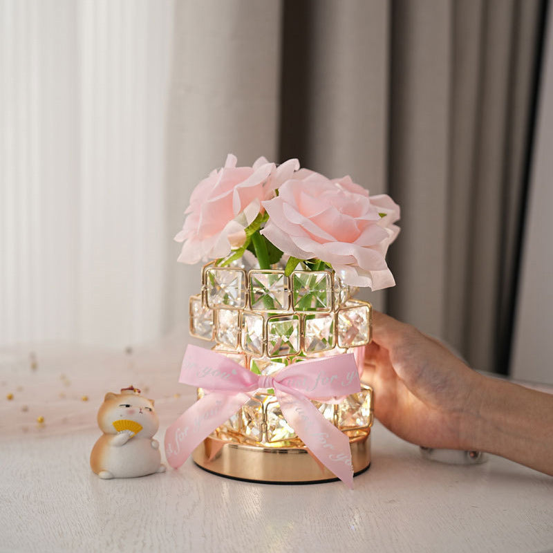 Modern Art Deco Simulated Fabric Rose Flower Crystal Square Hardware USB Rechargeable LED Table Lamp Night Light For Bedroom