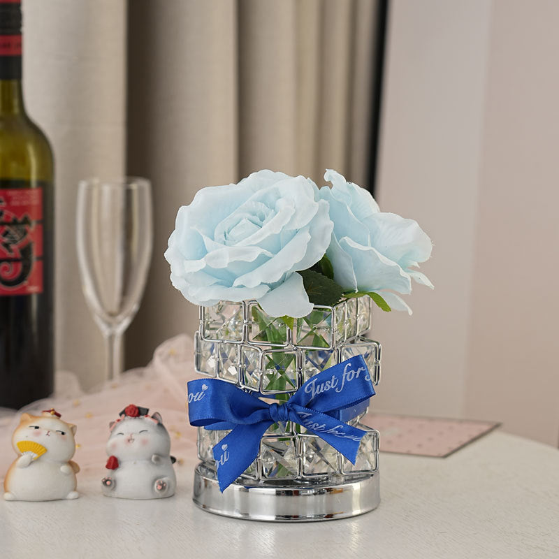 Modern Art Deco Simulated Fabric Rose Flower Crystal Square Hardware USB Rechargeable LED Table Lamp Night Light For Bedroom