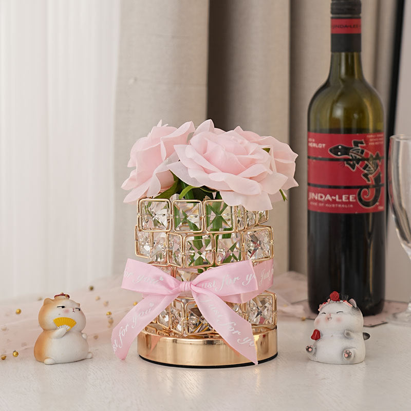 Modern Art Deco Simulated Fabric Rose Flower Crystal Square Hardware USB Rechargeable LED Table Lamp Night Light For Bedroom