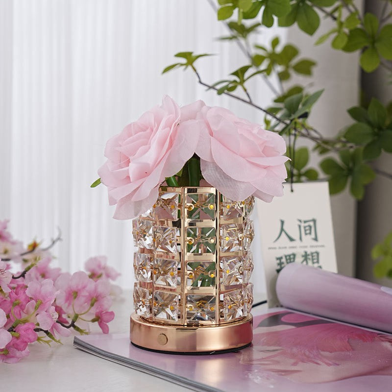 Modern Art Deco Simulated Fabric Rose Flower Crystal Square Hardware USB Rechargeable LED Table Lamp Night Light For Bedroom