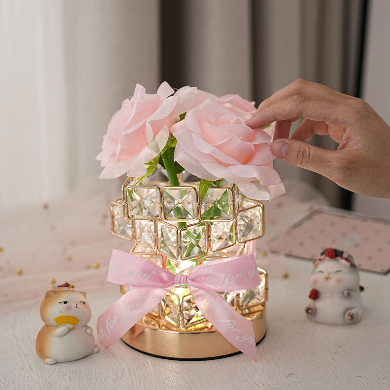 Modern Art Deco Simulated Fabric Rose Flower Crystal Square Hardware USB Rechargeable LED Table Lamp Night Light For Bedroom