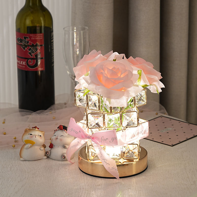 Modern Art Deco Simulated Fabric Rose Flower Crystal Square Hardware USB Rechargeable LED Table Lamp Night Light For Bedroom