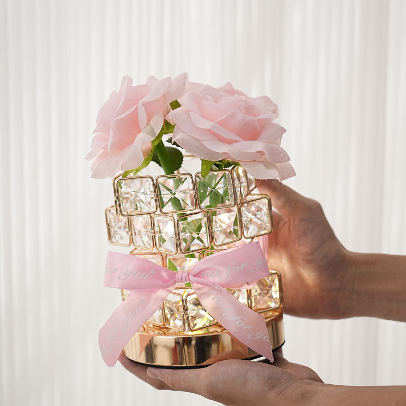 Modern Art Deco Simulated Fabric Rose Flower Crystal Square Hardware USB Rechargeable LED Table Lamp Night Light For Bedroom