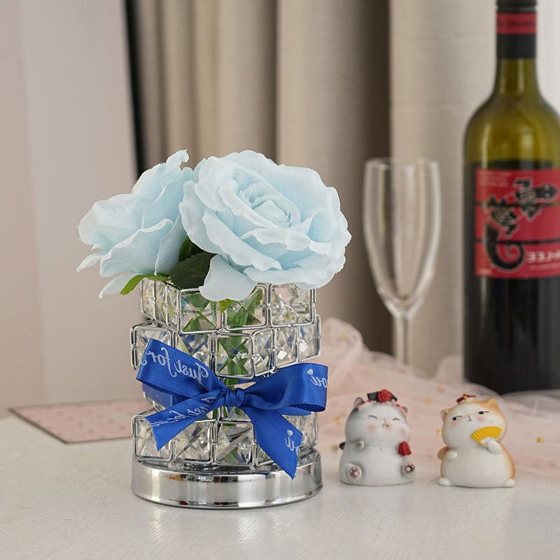 Modern Art Deco Simulated Fabric Rose Flower Crystal Square Hardware USB Rechargeable LED Table Lamp Night Light For Bedroom
