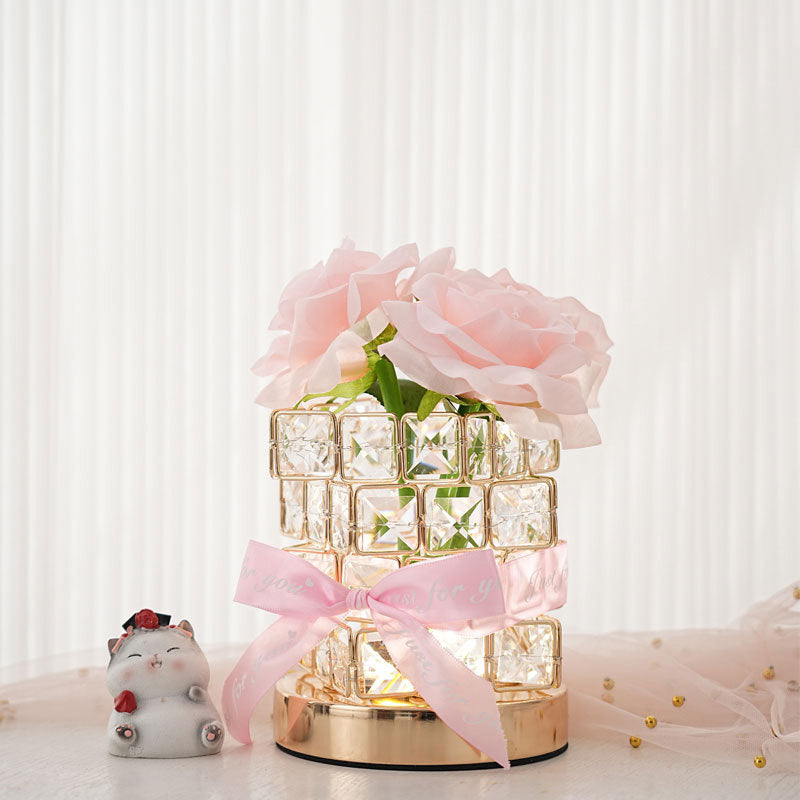 Modern Art Deco Simulated Fabric Rose Flower Crystal Square Hardware USB Rechargeable LED Table Lamp Night Light For Bedroom