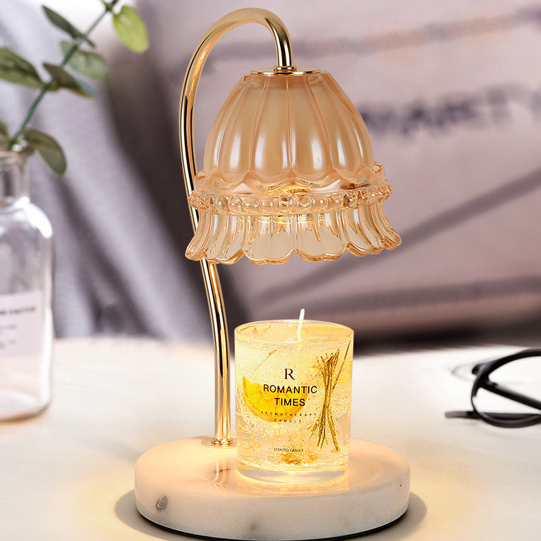 Traditional European Flower Glass Shade Marble Hardware 1-Light Melting Wax Table Lamp For Bedside