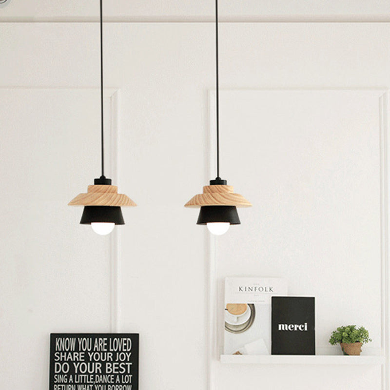 Contemporary Scandinavian Geometric Cylinder Iron Shade Wood Grain 1-Light Pendant Light For Living Room