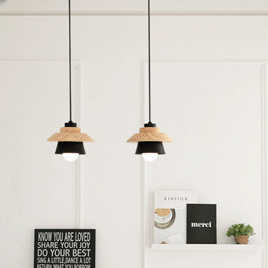 Contemporary Scandinavian Geometric Cylinder Iron Shade Wood Grain 1-Light Pendant Light For Living Room