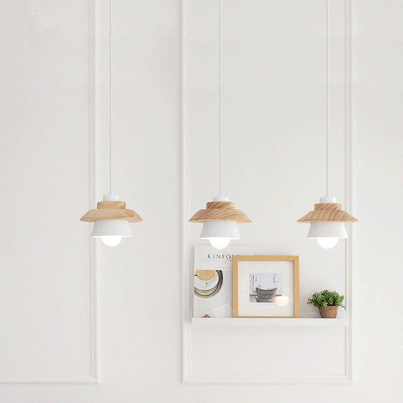 Contemporary Scandinavian Geometric Cylinder Iron Shade Wood Grain 1-Light Pendant Light For Living Room