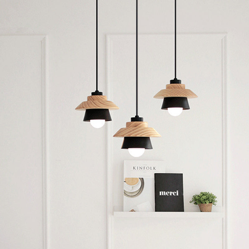Contemporary Scandinavian Geometric Cylinder Iron Shade Wood Grain 1-Light Pendant Light For Living Room