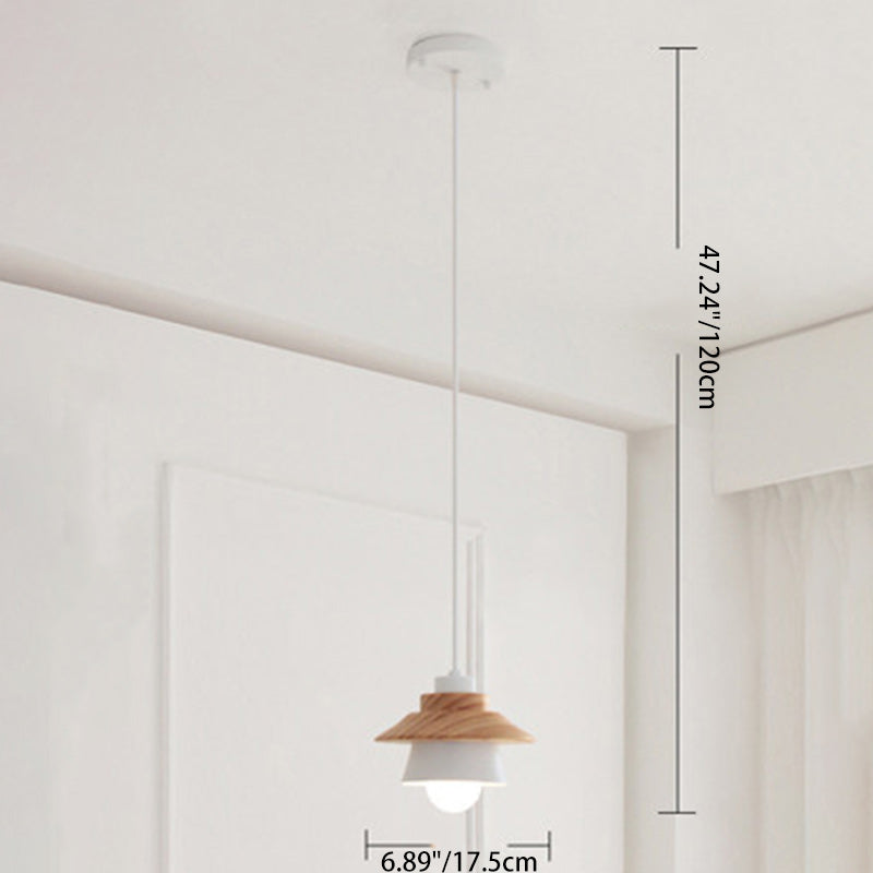 Contemporary Scandinavian Geometric Cylinder Iron Shade Wood Grain 1-Light Pendant Light For Living Room