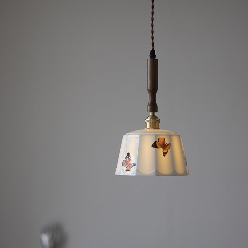 Traditional French Feather Pattern Glazed Ceramic Round Shade Walnut Wood Brass 1-Light Pendant Light For Living Room