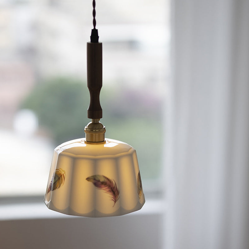 Traditional French Feather Pattern Glazed Ceramic Round Shade Walnut Wood Brass 1-Light Pendant Light For Living Room