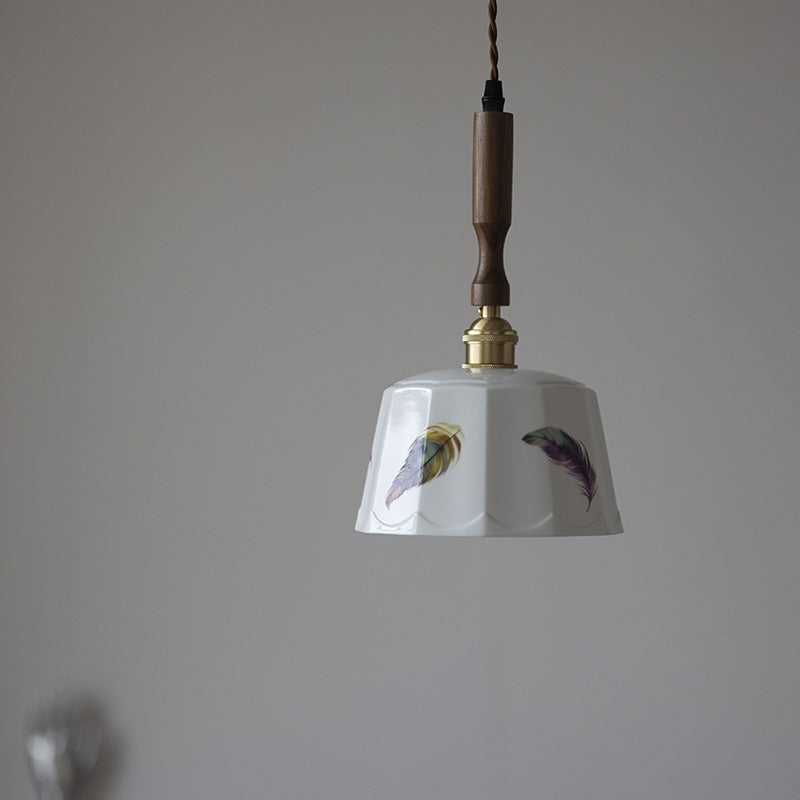 Traditional French Feather Pattern Glazed Ceramic Round Shade Walnut Wood Brass 1-Light Pendant Light For Living Room
