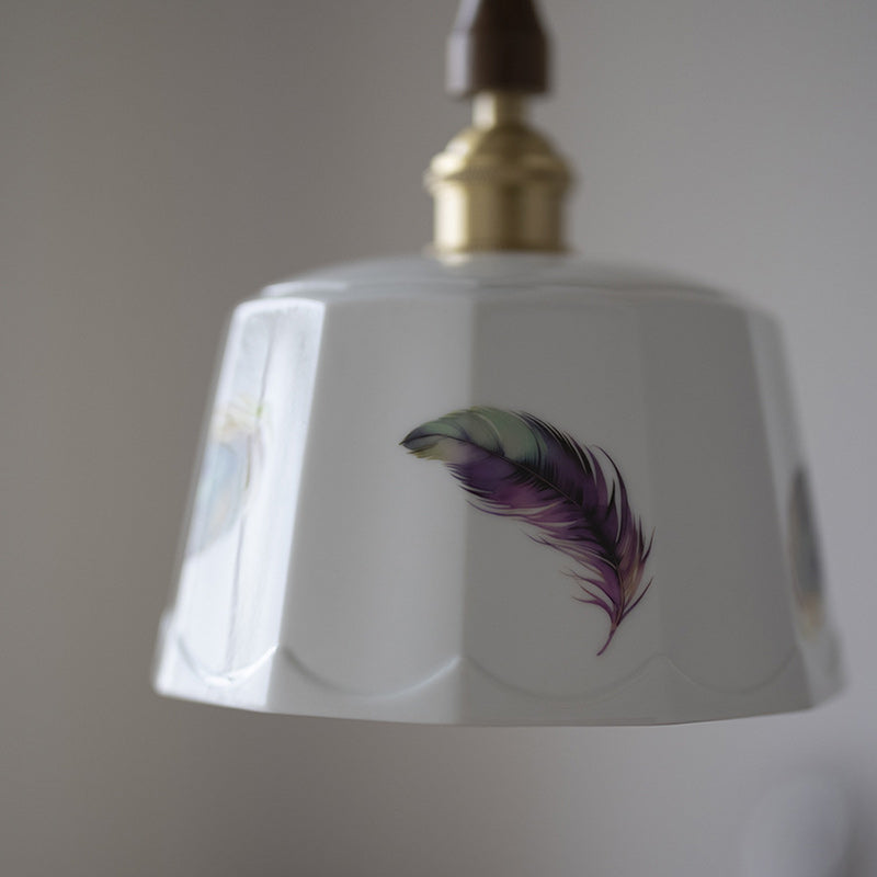 Traditional French Feather Pattern Glazed Ceramic Round Shade Walnut Wood Brass 1-Light Pendant Light For Living Room