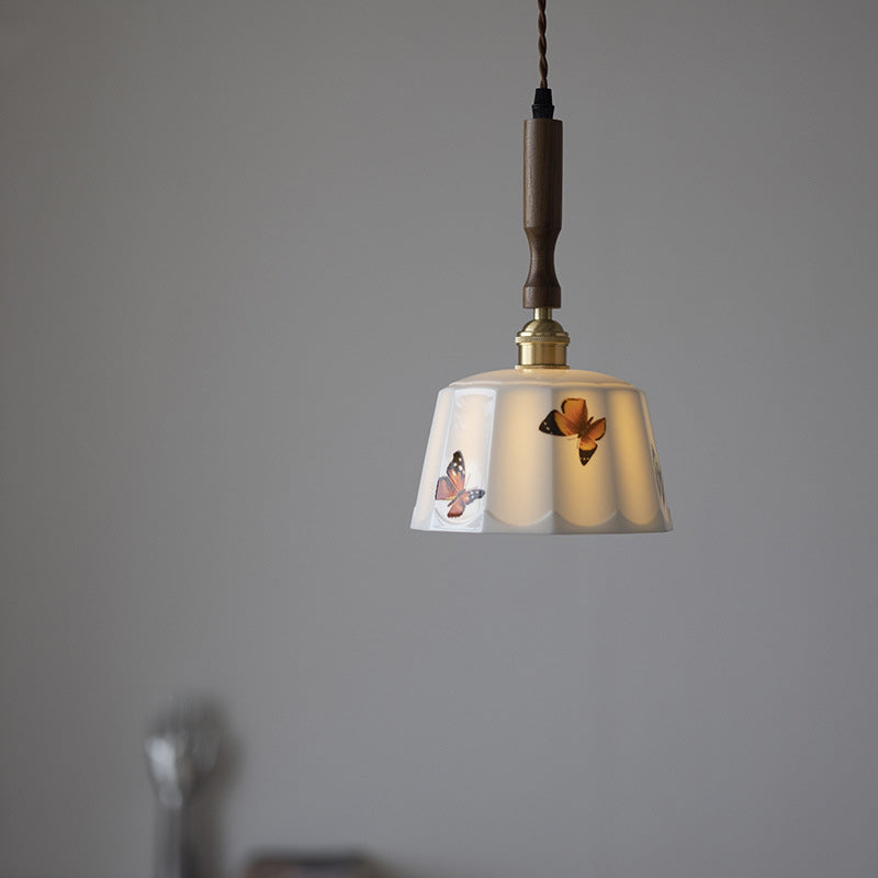 Traditional French Feather Pattern Glazed Ceramic Round Shade Walnut Wood Brass 1-Light Pendant Light For Living Room