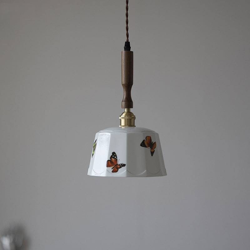 Traditional French Feather Pattern Glazed Ceramic Round Shade Walnut Wood Brass 1-Light Pendant Light For Living Room