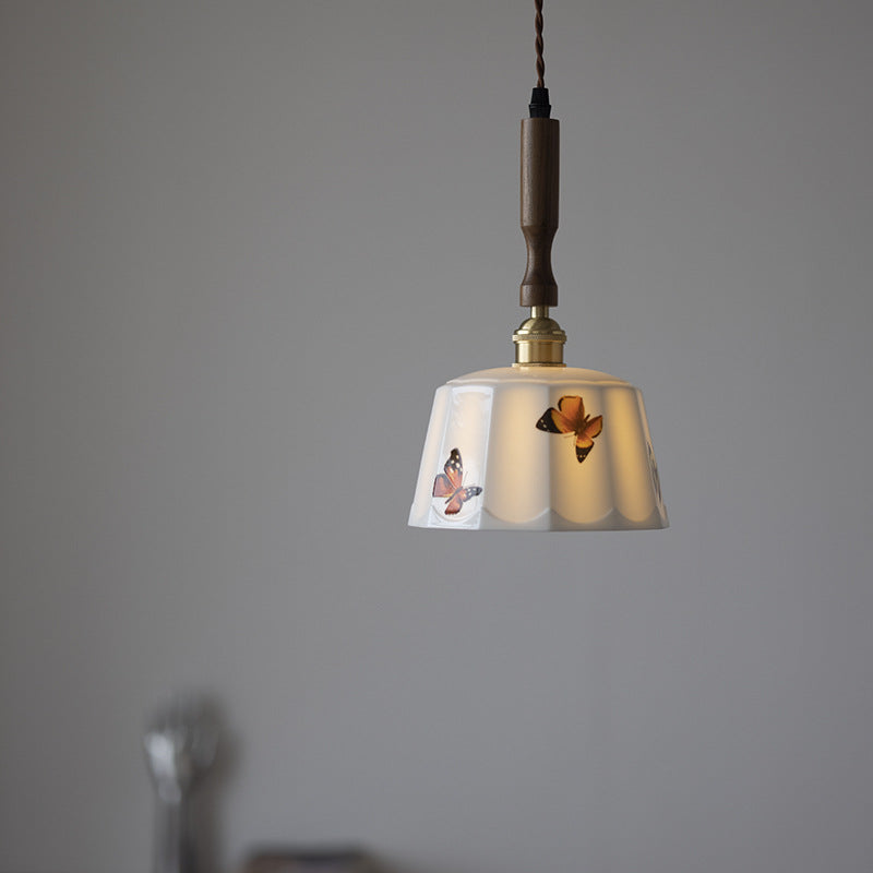Traditional French Feather Pattern Glazed Ceramic Round Shade Walnut Wood Brass 1-Light Pendant Light For Living Room