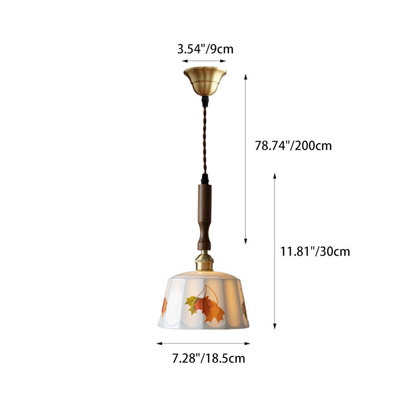 Traditional French Feather Pattern Glazed Ceramic Round Shade Walnut Wood Brass 1-Light Pendant Light For Living Room