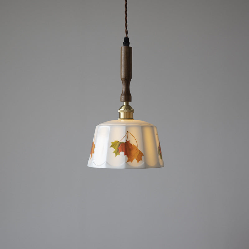 Traditional French Feather Pattern Glazed Ceramic Round Shade Walnut Wood Brass 1-Light Pendant Light For Living Room
