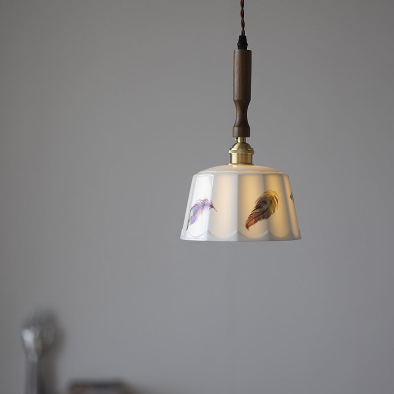 Traditional French Feather Pattern Glazed Ceramic Round Shade Walnut Wood Brass 1-Light Pendant Light For Living Room