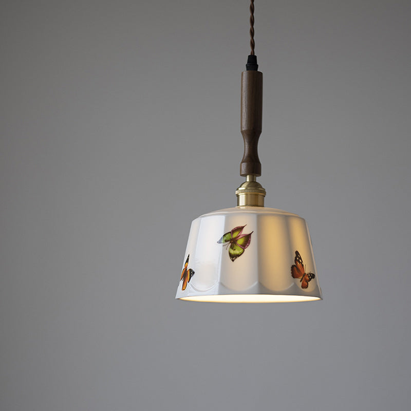 Traditional French Feather Pattern Glazed Ceramic Round Shade Walnut Wood Brass 1-Light Pendant Light For Living Room