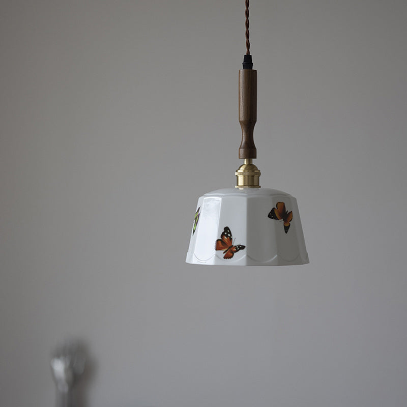 Traditional French Feather Pattern Glazed Ceramic Round Shade Walnut Wood Brass 1-Light Pendant Light For Living Room