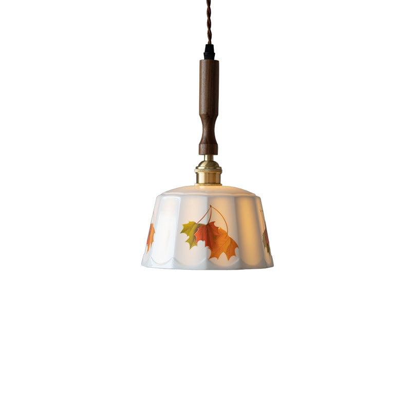 Traditional French Feather Pattern Glazed Ceramic Round Shade Walnut Wood Brass 1-Light Pendant Light For Living Room