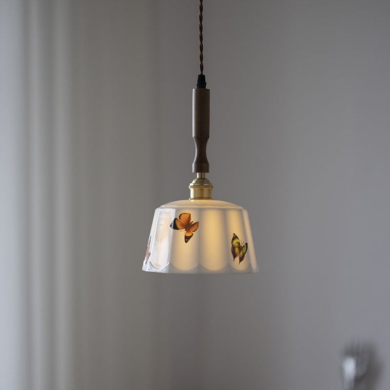 Traditional French Feather Pattern Glazed Ceramic Round Shade Walnut Wood Brass 1-Light Pendant Light For Living Room
