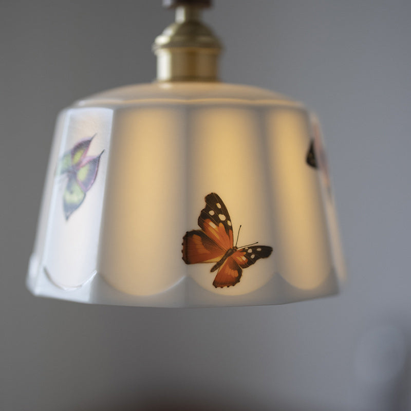 Traditional French Feather Pattern Glazed Ceramic Round Shade Walnut Wood Brass 1-Light Pendant Light For Living Room