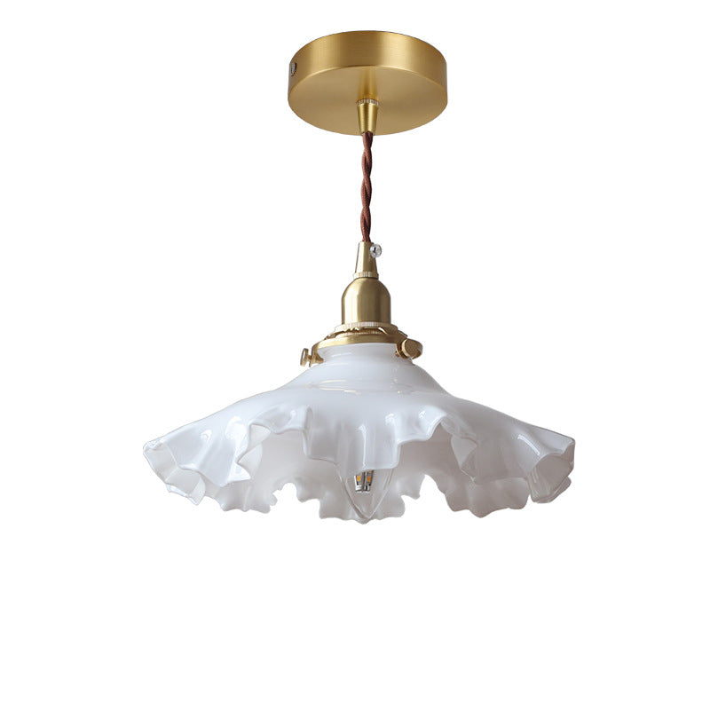 Traditional French White Jade Glass Flower Shade Brass 1-Light Pendant Light For Living Room
