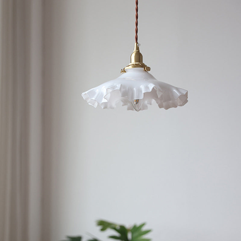 Traditional French White Jade Glass Flower Shade Brass 1-Light Pendant Light For Living Room