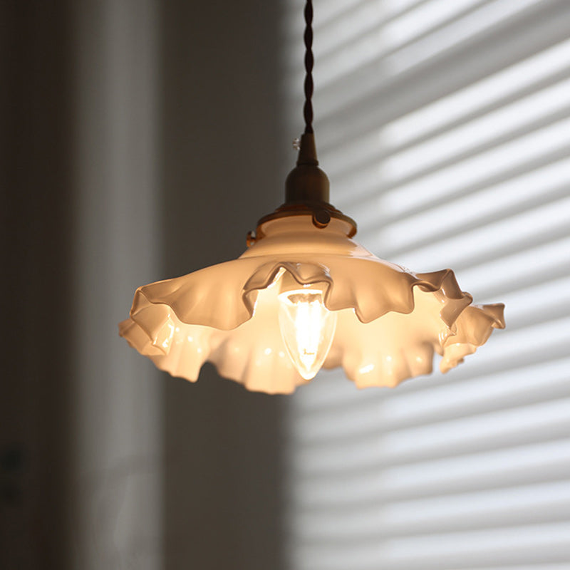Traditional French White Jade Glass Flower Shade Brass 1-Light Pendant Light For Living Room