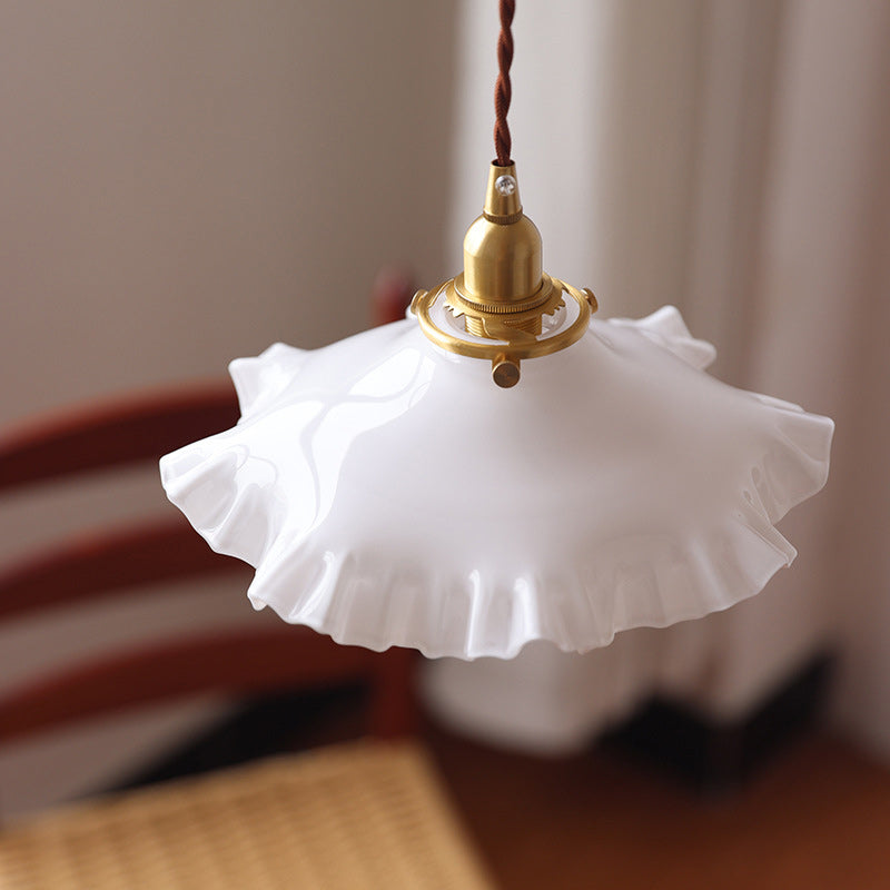Traditional French White Jade Glass Flower Shade Brass 1-Light Pendant Light For Living Room