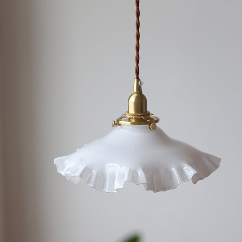 Traditional French White Jade Glass Flower Shade Brass 1-Light Pendant Light For Living Room