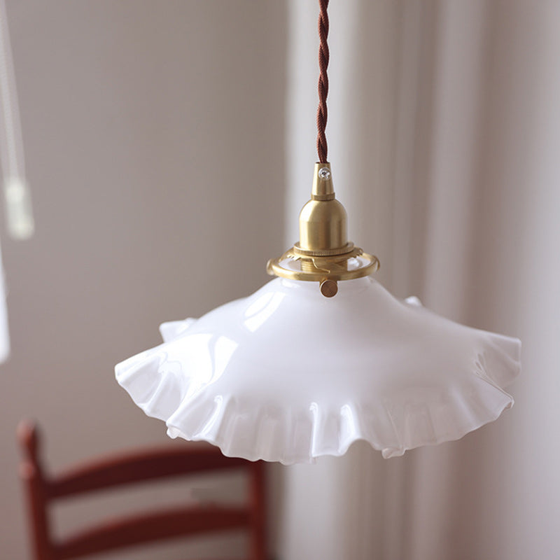 Traditional French White Jade Glass Flower Shade Brass 1-Light Pendant Light For Living Room