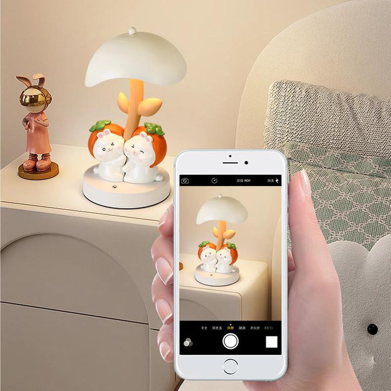 Contemporary Creative Resin Rabbit Decor Iron Mushroom Shade LED Night Light Table Lamp For Bedroom